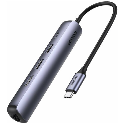 Хаб UGREEN CM418 (10919) Type C to 2 USB 3.0 + HDMI(4K@30Hz) + RJ45(Gigabit) + USB-C PD(100W) Space Gray хаб ugreen cm418 silver usb c to 2xusb 3 0 hdmi rj45 ethernet adapter pd 10919