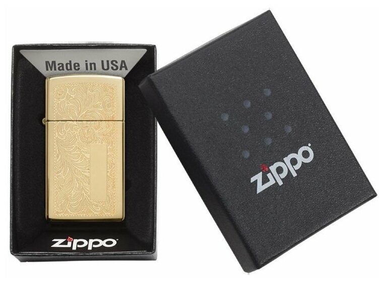 Оригинальная бензиновая зажигалка ZIPPO Slim® Venetian® 1652B с покрытием High Polish Brass
