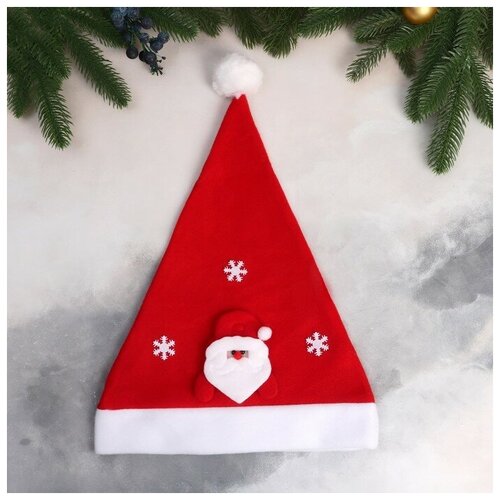 Колпак новогодний Дед Мороз и снежинки 29х40 см, красный колпак дед мороз в подарочной упаковке