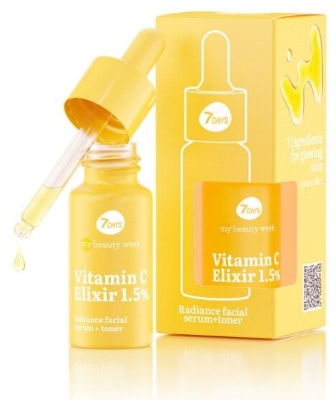 Сыворотка+тонер для лица 7DAYS MY BEAUTY WEEK VITAMIN C ELIXIR 1,5% придающая сияние коже, 20 мл