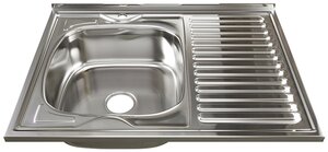 Накладная кухонная мойка Mixline 60х80 (0.8) 3 1/2 левая, 60х80см, нержавеющая сталь <span>мойка <b>для</b> <b>кухни</b> mixline 528180 накладная прямоугольная с одной чашей размер чаши: 400x400x180 мм Мойка не оборачиваемая, дополнительная поверхность "крыло" справа материал мойки: нержавеющая сталь марки Aisi 201 Толщина материала 0</span>