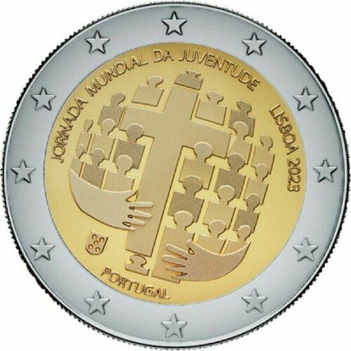 Монета 2 евро Всемирный день молодежи в Лиссабоне. Португалия 2023 UNC португалия 2 евро 2023 мир unc коллекционная монета