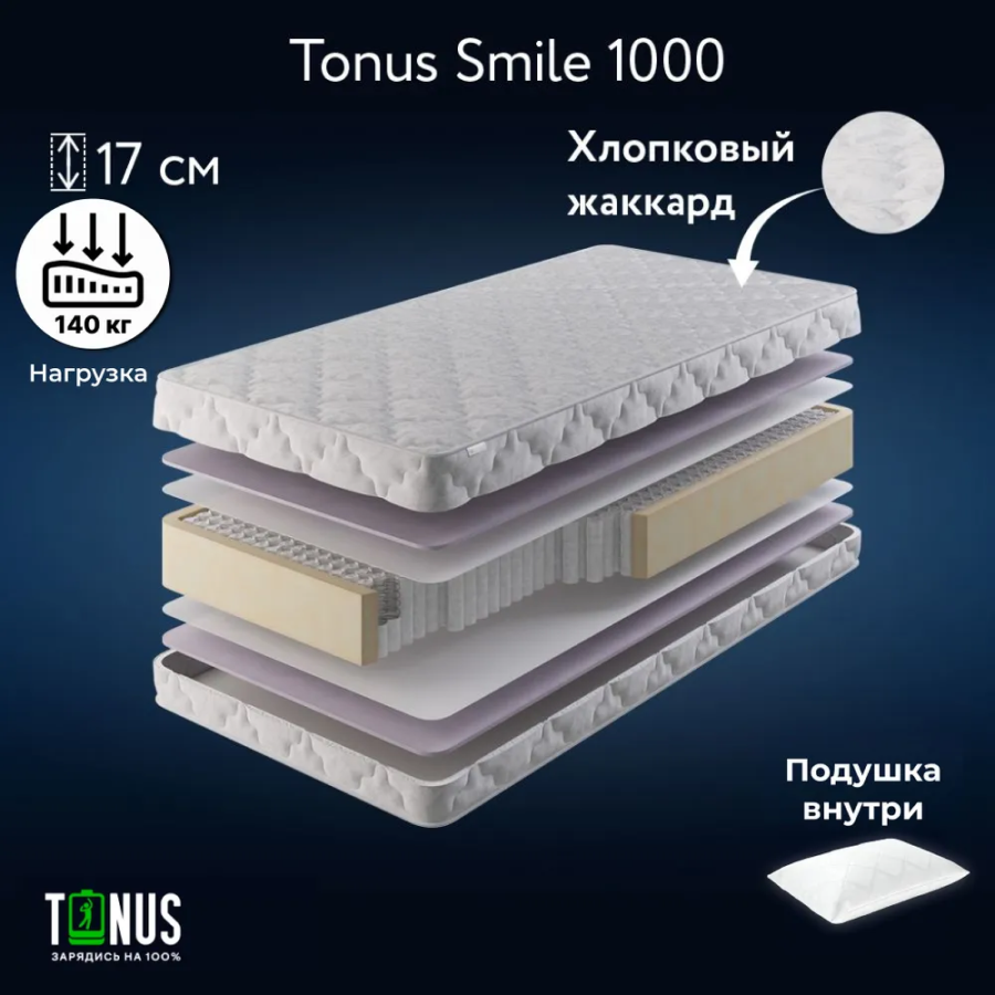 Матрас Tonus Smile 1000, Независимые пружины, 80х200 см