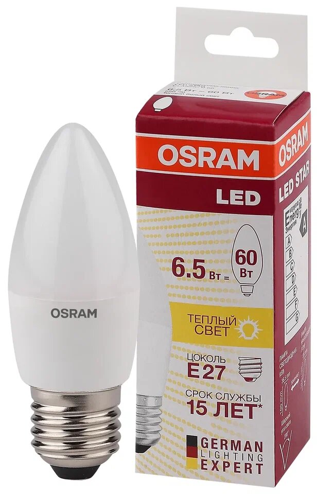 Лампочка светодиодная Е27 OSRAM LED Star, 600лм, 7Вт, 2700К (теплый белый свет), Свеча, матовая