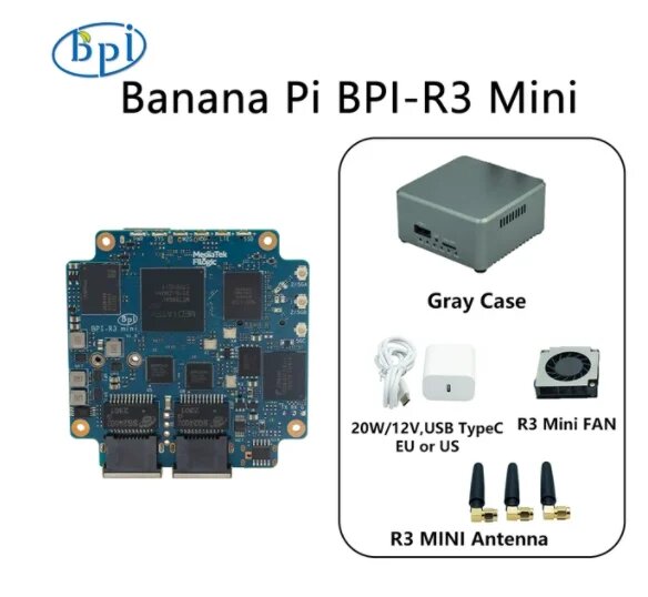 Мини-маршрутизатор Banana Pi BPI-R3 MediaTek MT7986 ARM A53 2G DDR 8G eMMC Поддержка Wi-Fi 6 и 2 порта 2,5GbE Маршрутизатор с открытым исходным кодом, R3 Mini Gray Case 1
