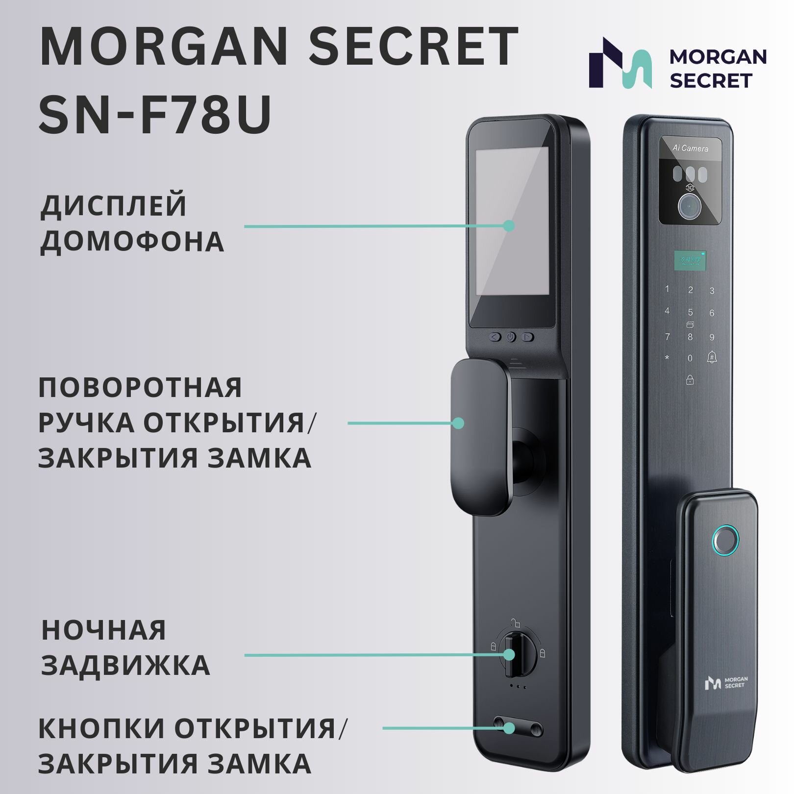 Замки Врезные Электронный замок Morgan Secret SN-F78U автоматический с видеодомофоном и Face ID, цвет черный, бэксет 70