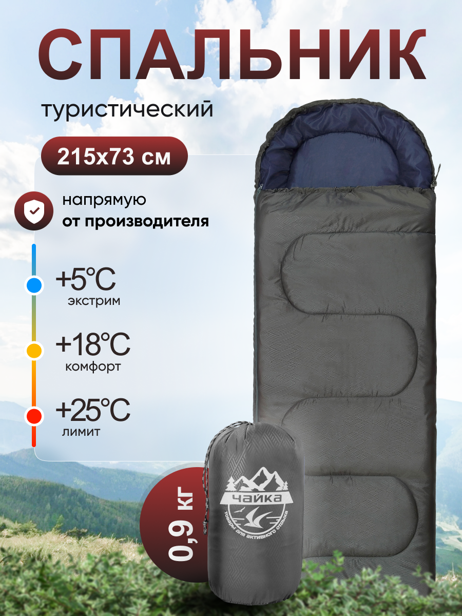 Спальный мешок туристический Чайка СП150 кемпинговый термофайбер серый/синий 215х73 см