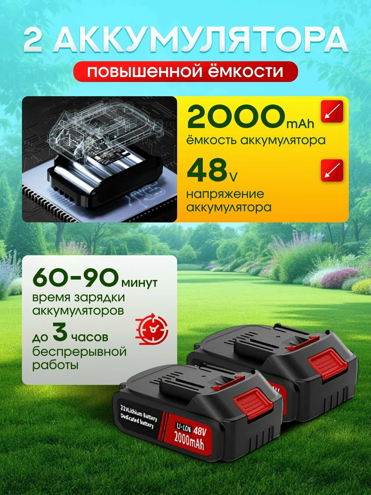 Газонокосилки Аккумуляторные Триммер аккумуляторный садовый 2 АКБ по 48 В , Газонокосилка на колесах