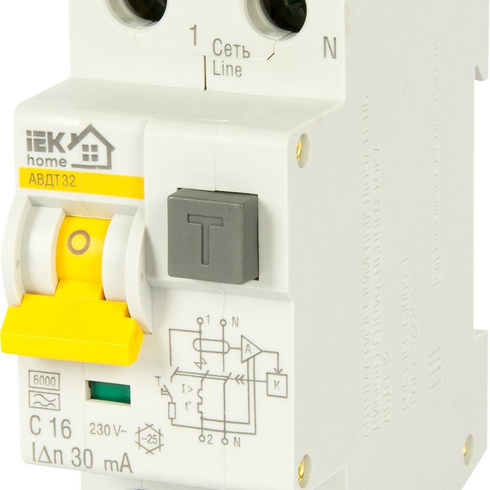 Автоматический выключатель дифференциального тока IEK Home 1P N C16 А 30 мА 6 кА АС