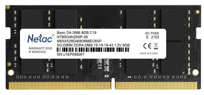 Оперативная память Netac 8 ГБ DDR4 2666 МГц SODIMM CL19 NTBSD4N26SP-08