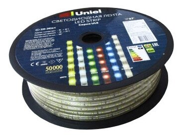 Светодиодная лента Uniel ULS-2835-60LED/m-10mm-IP67-220V-8W/m-50M-RED, 50 м, светодиодов: 3000 шт., 400 Вт, красный