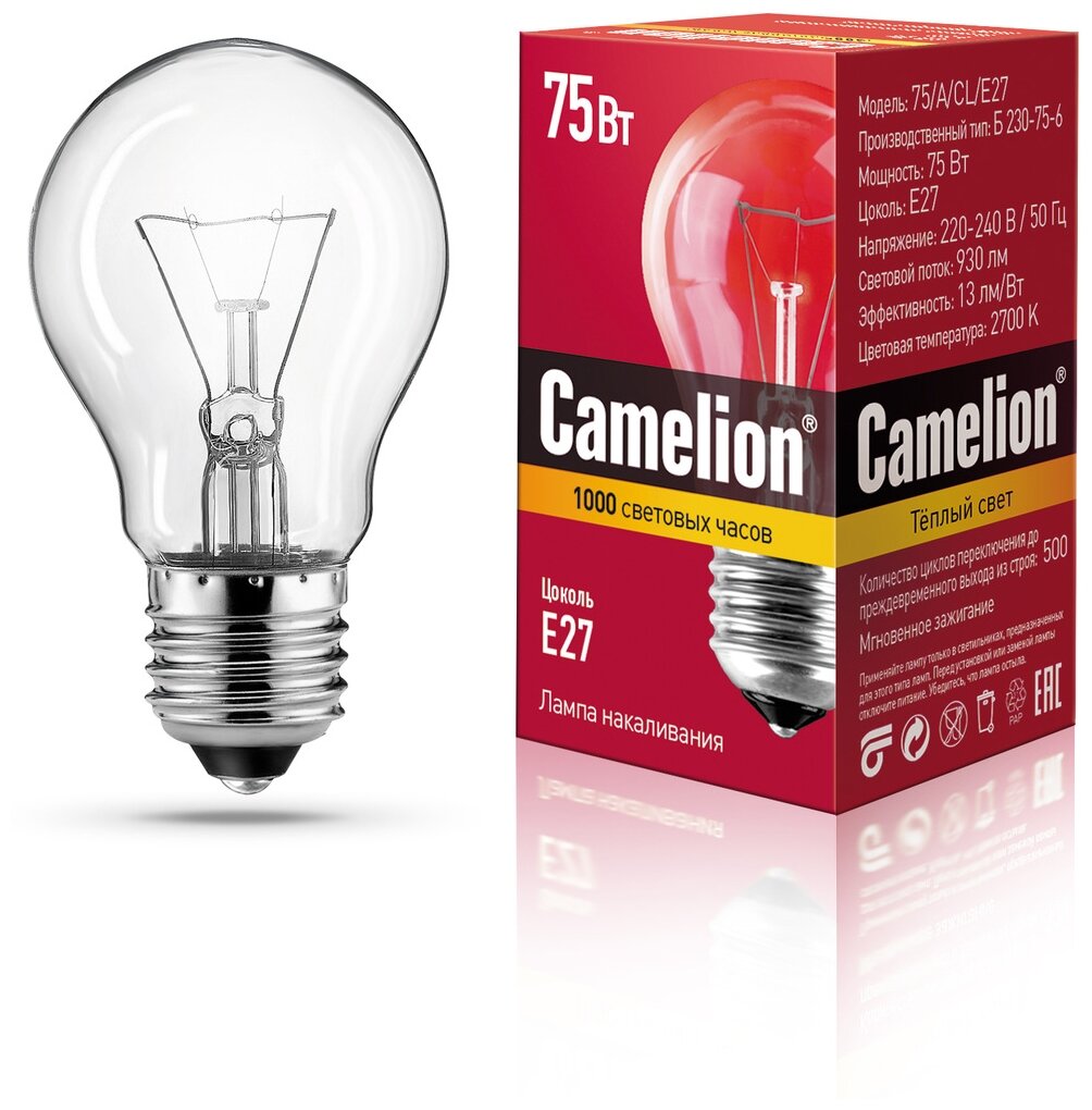Лампа накаливания Camelion 75 A CL E27