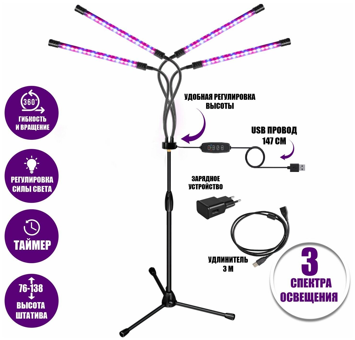 Фитолампа светодиодная, светильник для растений 4 панели на штативе FL-ML-P3 с пультом на проводе и удлинителем 3 м с адаптером