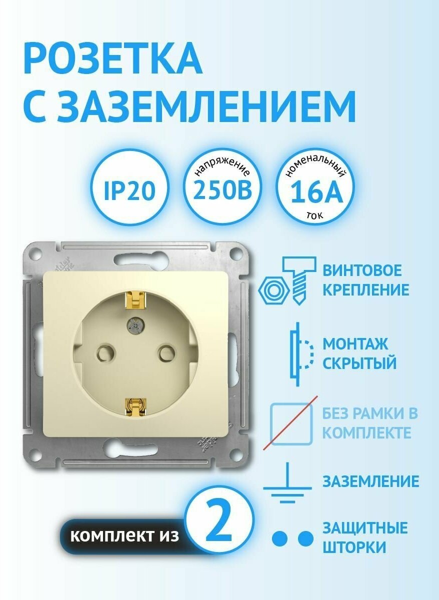 Розетка Schneider Electric Glossa с заземлением с защитными шторками с крышкой бежевая (комплект из 2 шт) - фотография № 3