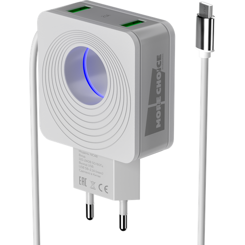Сетевое зарядное устройство 2USB 2.4A для micro USB с кабелем и LED подсветкой More choice NC48m White