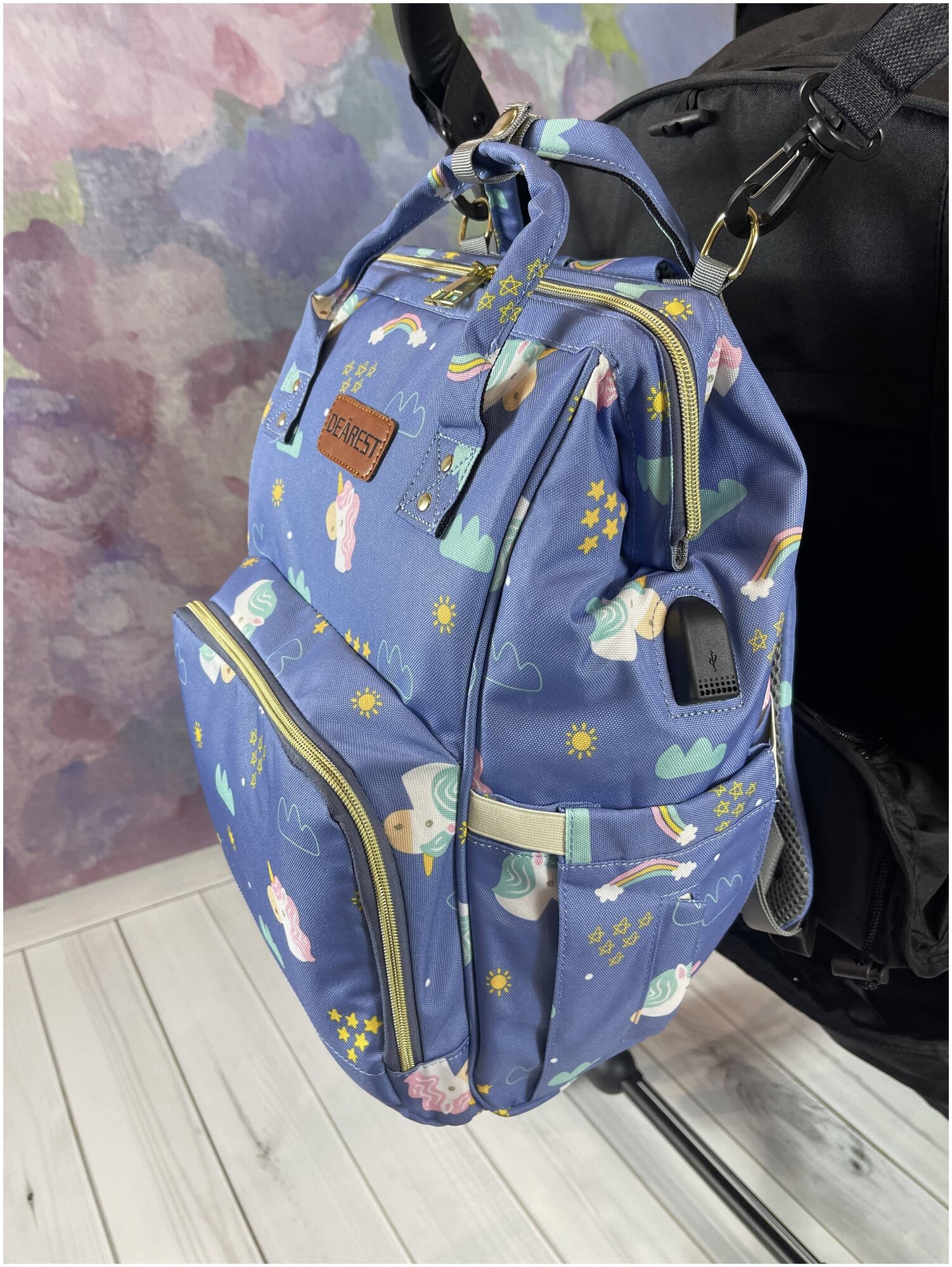 Рюкзак для мамы DEAREST c USB и термо-чехлом для бутылочки, Синий с Единорогами