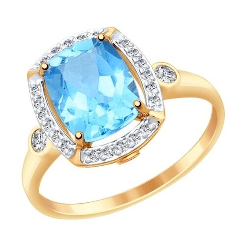 фото Кольцо diamant online, золото, 585 проба, фианит, топаз, размер 16.5, голубой
