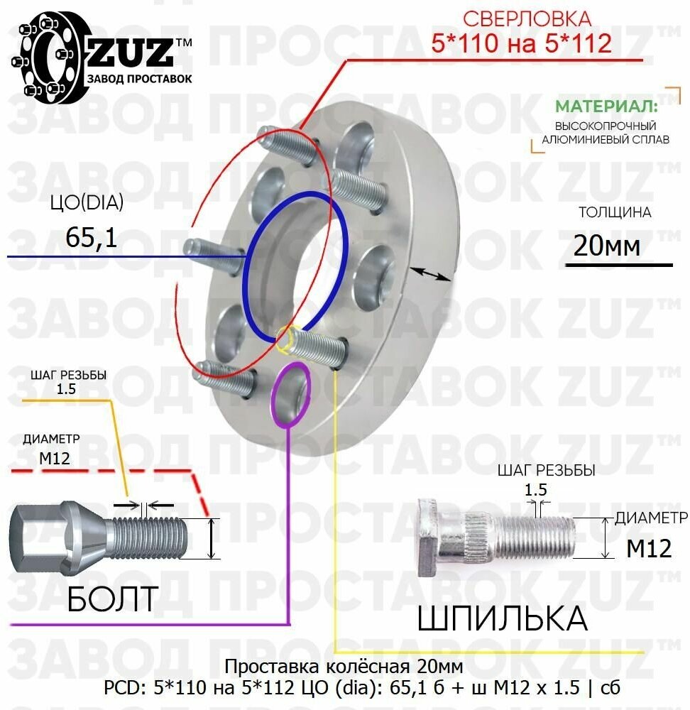 Проставка колёсная 1 шт 20мм 5*110 на 5*112 ЦО 65,1 Крепёж в комплекте Болт + Шпилька М12*1,5 ступичная с бортиком переходная адаптер