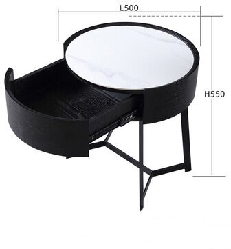 Современный круглый минималистский прикроватный столик для спальни (шпон ясеня на металлической ножке с мраморной столешницей, 500*550 мм)