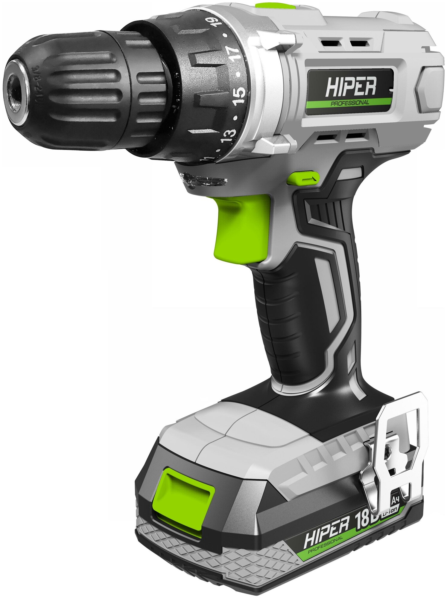 Cordless drill HIPER 18V, 38Nm, 2.0Ah, 0-400 / 0-1200 rpm, 1 battery, Li-ion, box
