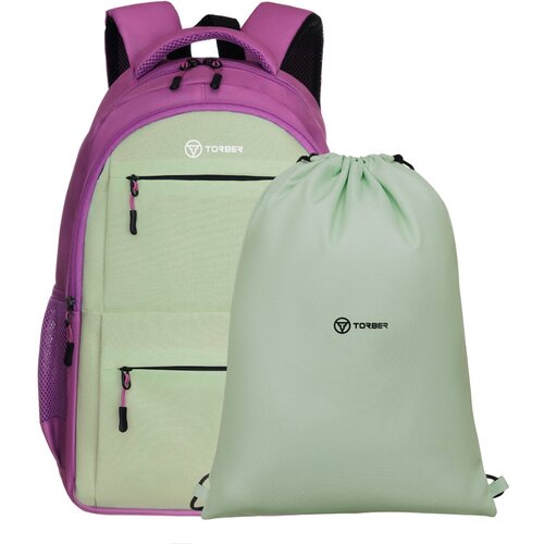 фото Школьный рюкзак torber class x t2602-23-gr-p, розовый/салатовый, 45x30х18 см, 17 л + мешок для сменной обуви в подарок!