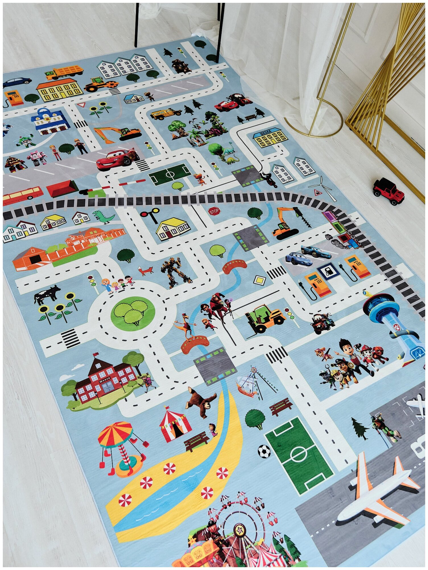 Ковер детский KIDS RUGS с дорогами для мальчика, безворсовый, нескользящий, микрофибра, голубой, 1.75 х 3 м. - фотография № 5