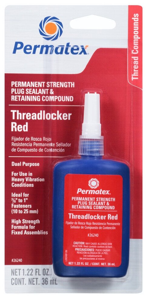       -   Permanent Strength Threadlocker RED & Cup/Core Plug Sealant Retaining Compound, 36 PERMATEX 26240