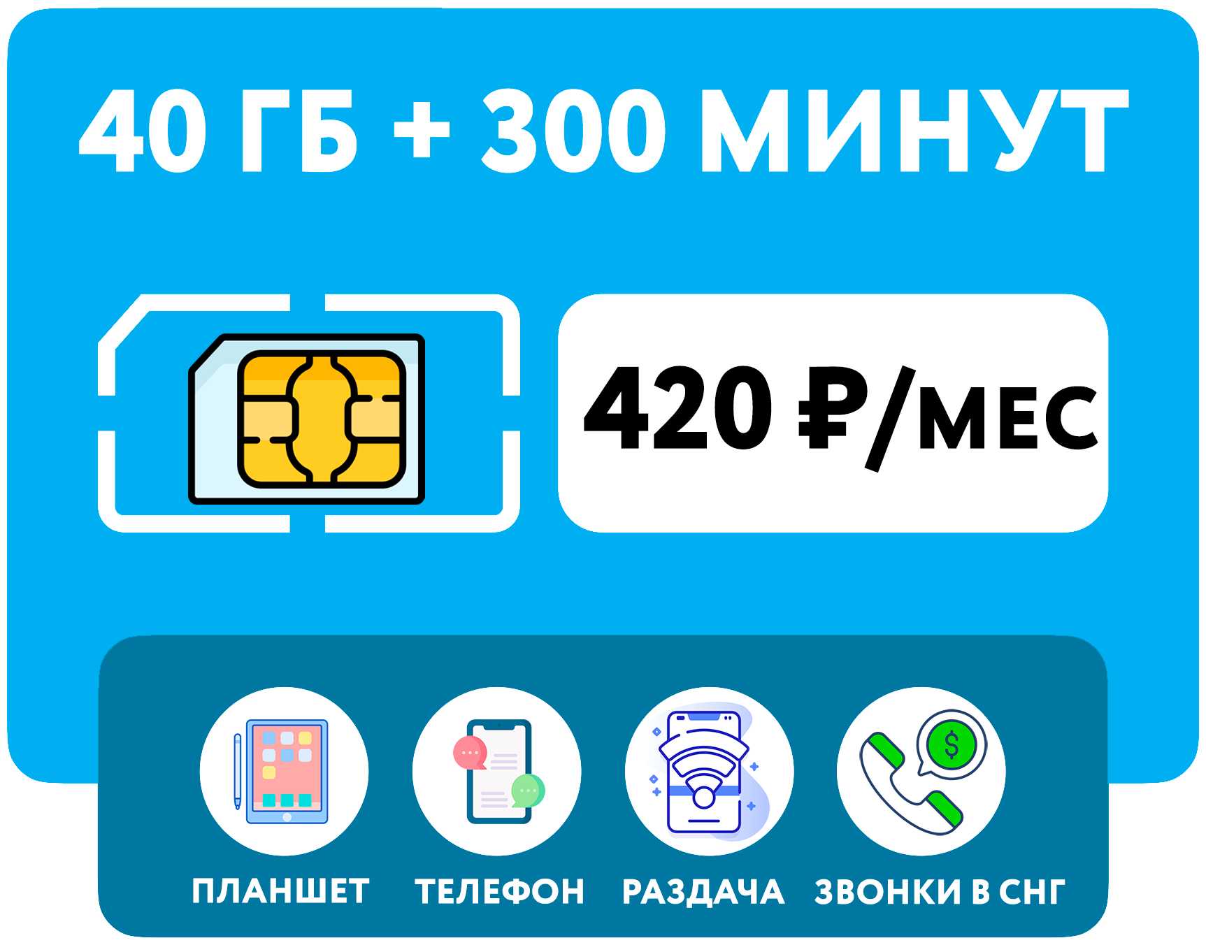 SIM-карта Йота (Yota) 300 минут + 40 гб интернет 3G/4G + выгодные звонки в СНГ + раздача Wi-Fi (Вся Россия) за 420 руб/мес
