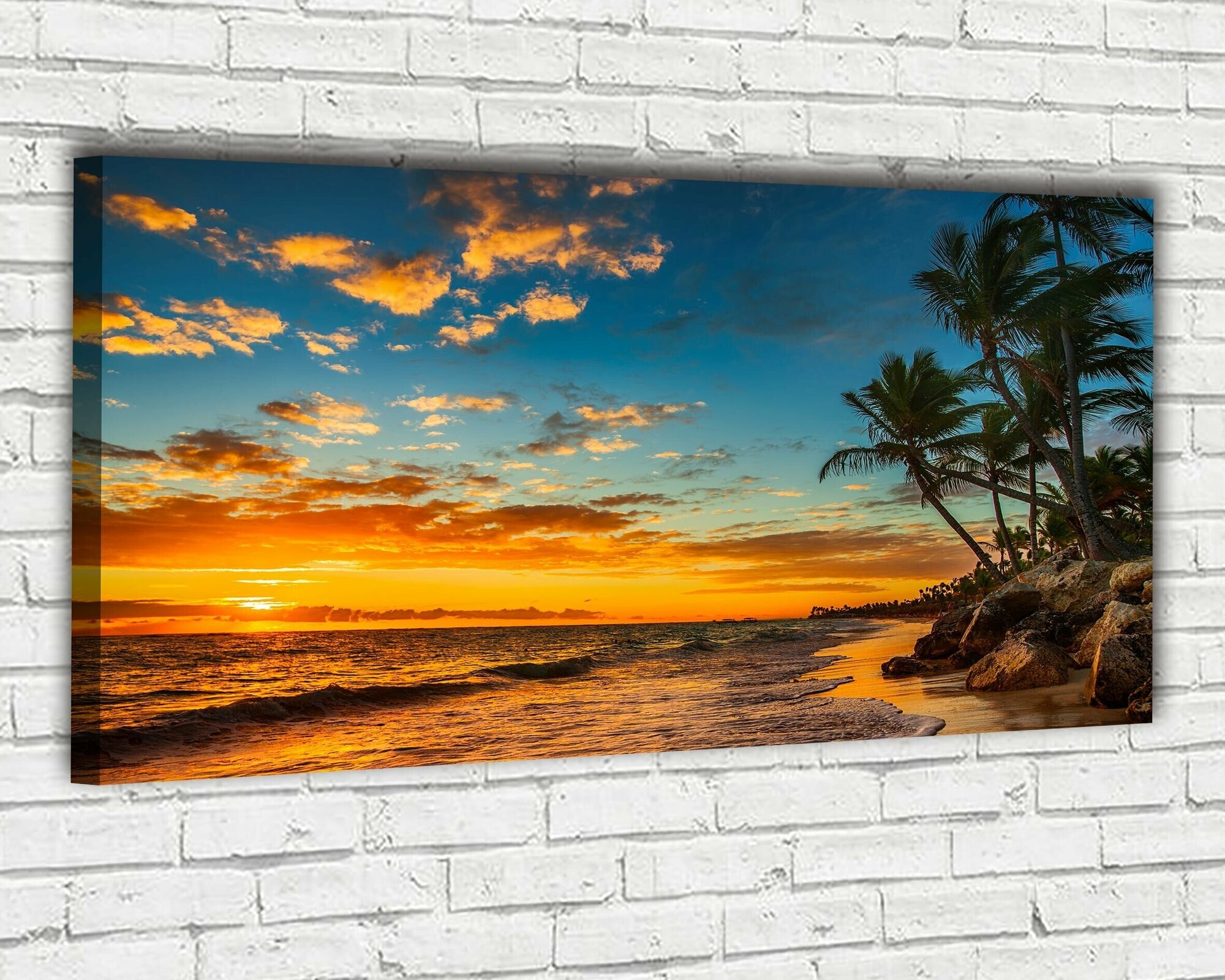 Картина на стену для интерьера на натуральном холсте "Закат на берегу моря" 60*100см. Крепления в подарок / Большой размер Ф0213