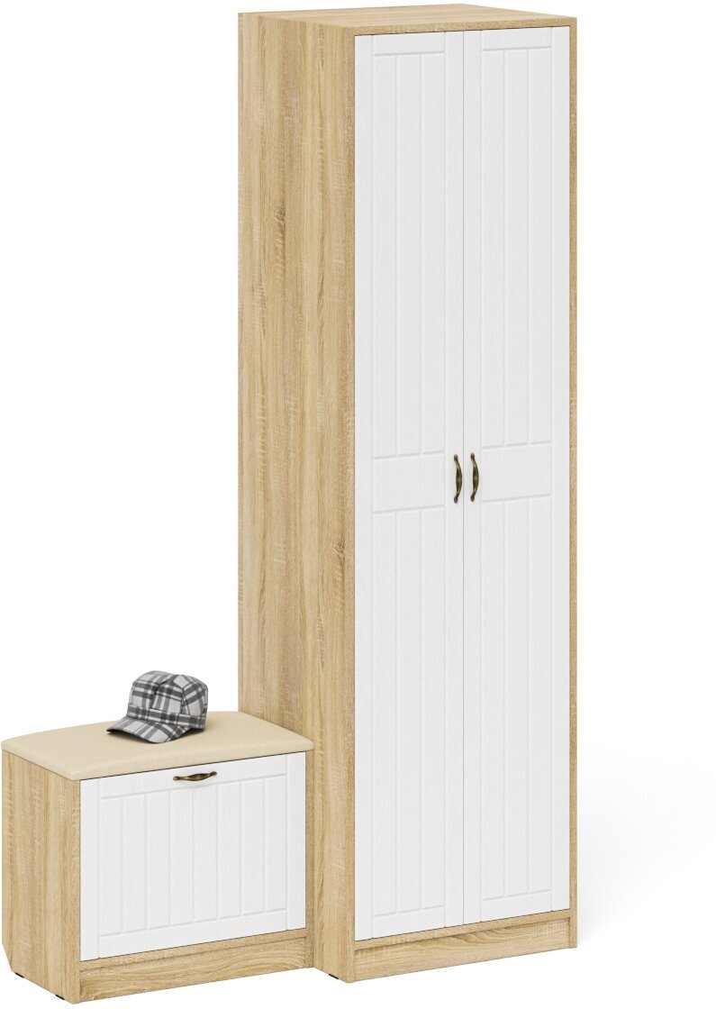 Шкаф для прихожей с обувницей с сиденьем П-6, цвет дуб сонома/фасады МДФ белое дерево фрезеровка прованс, ШхГхВ 120х50х210 см.