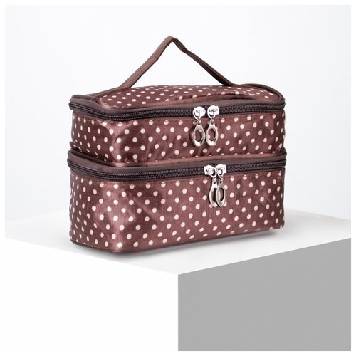 фото Косметичка 2-х секционная горошек, 19*11*13, 2 отд на молниях, зеркало, корчнево/беж 4607528 сима-ленд