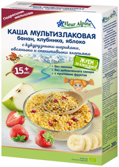 Каша Fleur Alpine мультизлаковая банан, клубника, яблоко с кукурузными шариками, овсяными и спельтовыми хлопьями, с 15 месяцев, 200 г