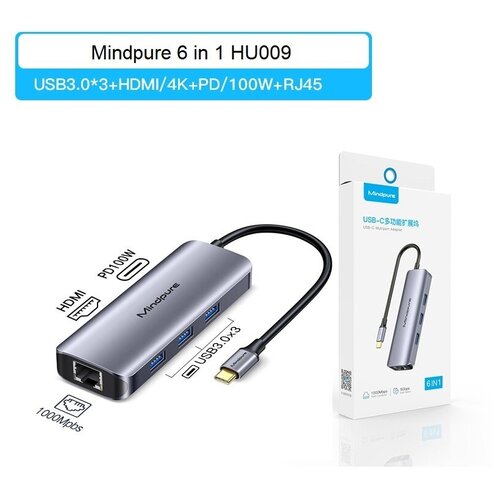USB-концентратор Хаб Hub Mindpure 6 в 1 HU009 Type-C - USB3.0х3+Type-C(PD100W)+HDMI+RJ45.