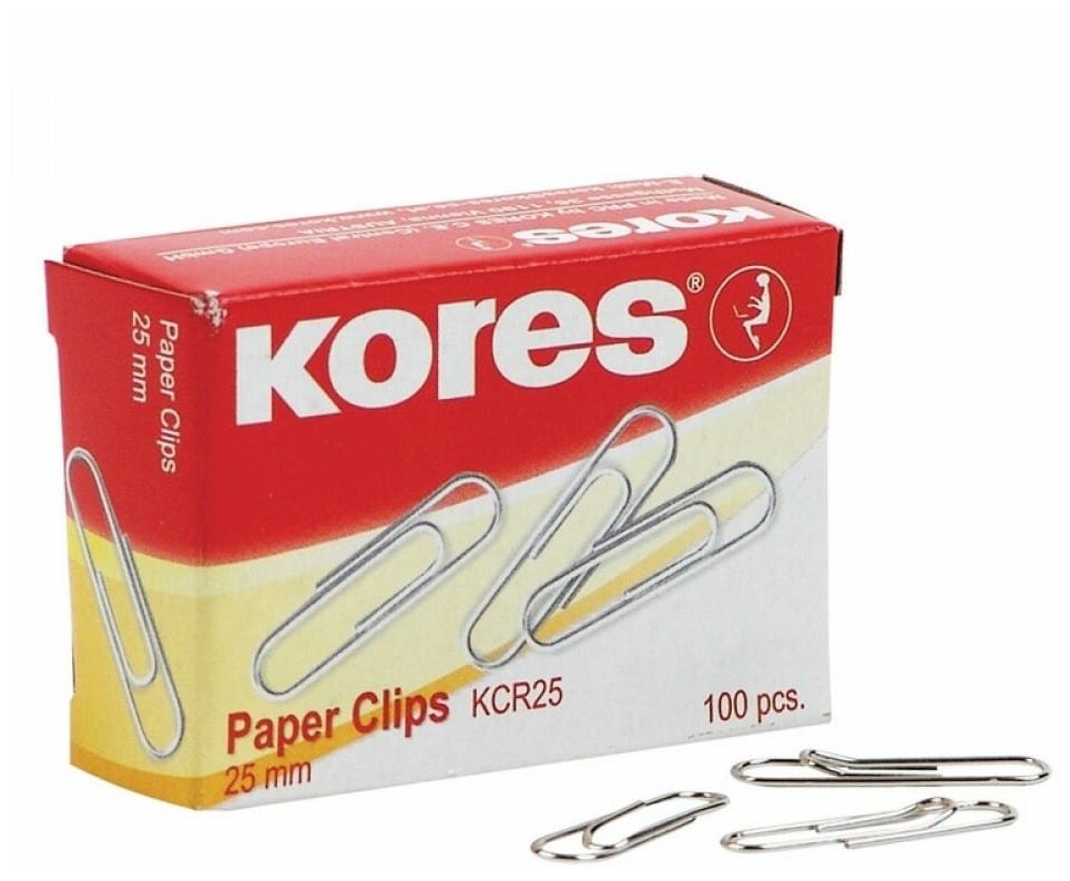 Скрепки Kores с отгибом, 25 мм, никелированные, 100 штук в упаковке