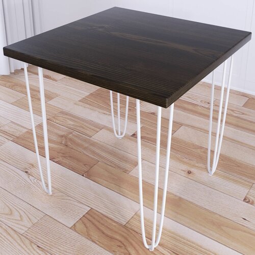Стол кухонный Loft с квадратный столешницей цвета темного дуба из массива сосны 40 мм и белыми ножками-шпильками, 75x75х75 см