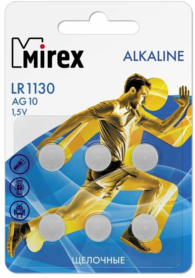 Батарейки щелочная Mirex AG10 / LR1130 15V 6 шт  ecopack