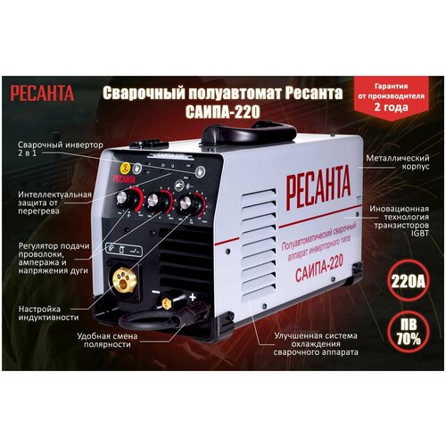 Сварочный аппаратсварка Ресанта САИПА-220 полуавтоматический 220 ампер комплект кабелей подарок угольник вихрь 2889000₽