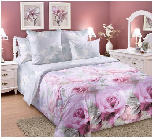 Постельное Белье 2-спальное с европростыней Перкаль «Саломея 1 розовый с голубым 3250ПН» (розы)
