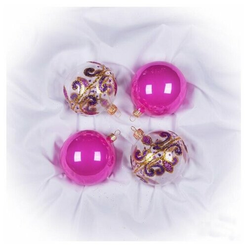 фото Набор елочных шаров елочка кружевной с1189, фиолетовый/прозрачный, 7.5 см, 4 шт.