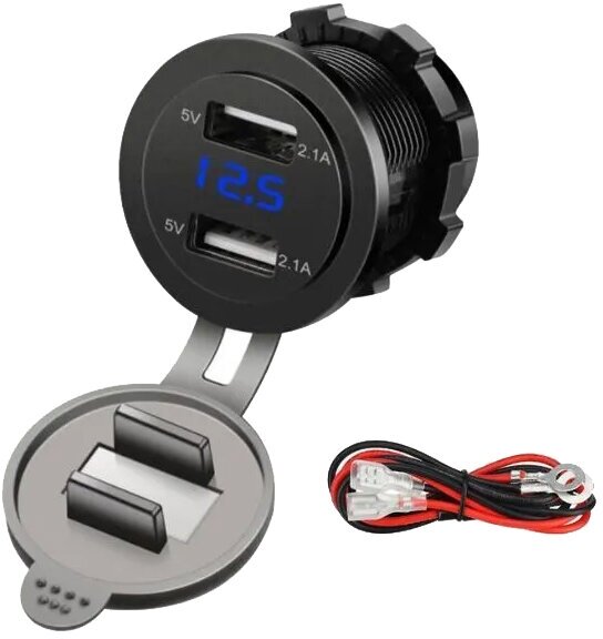 Автомобильная встраиваемая USB розетка (2 порта 21А+21А) с вольтметром (12V/24V с синей подсветкой)