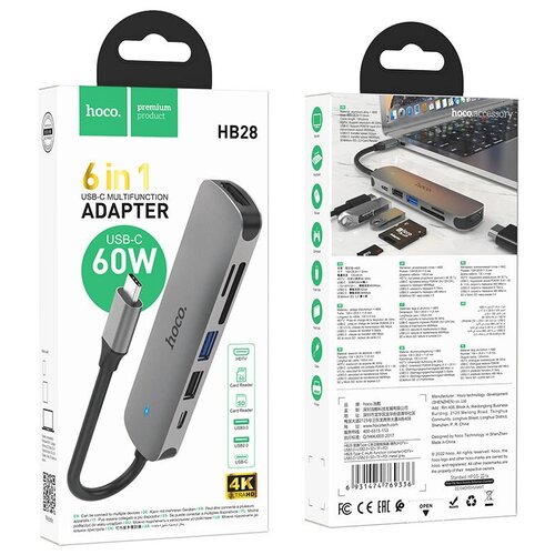 Type-C Adapter Hoco HB28 (HDTV+USB3.0+USB2.0+SD+TF+PD 60W) серый