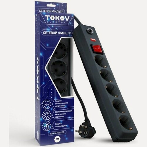 Изображение товара Удлинитель Tokov Electric с сетевым фильтром 5х5м с заземл. с выкл. 16А с защ. от скачков напр. и перегрузок 3х1 сер, TKE-C06-SF5-5-ZV
