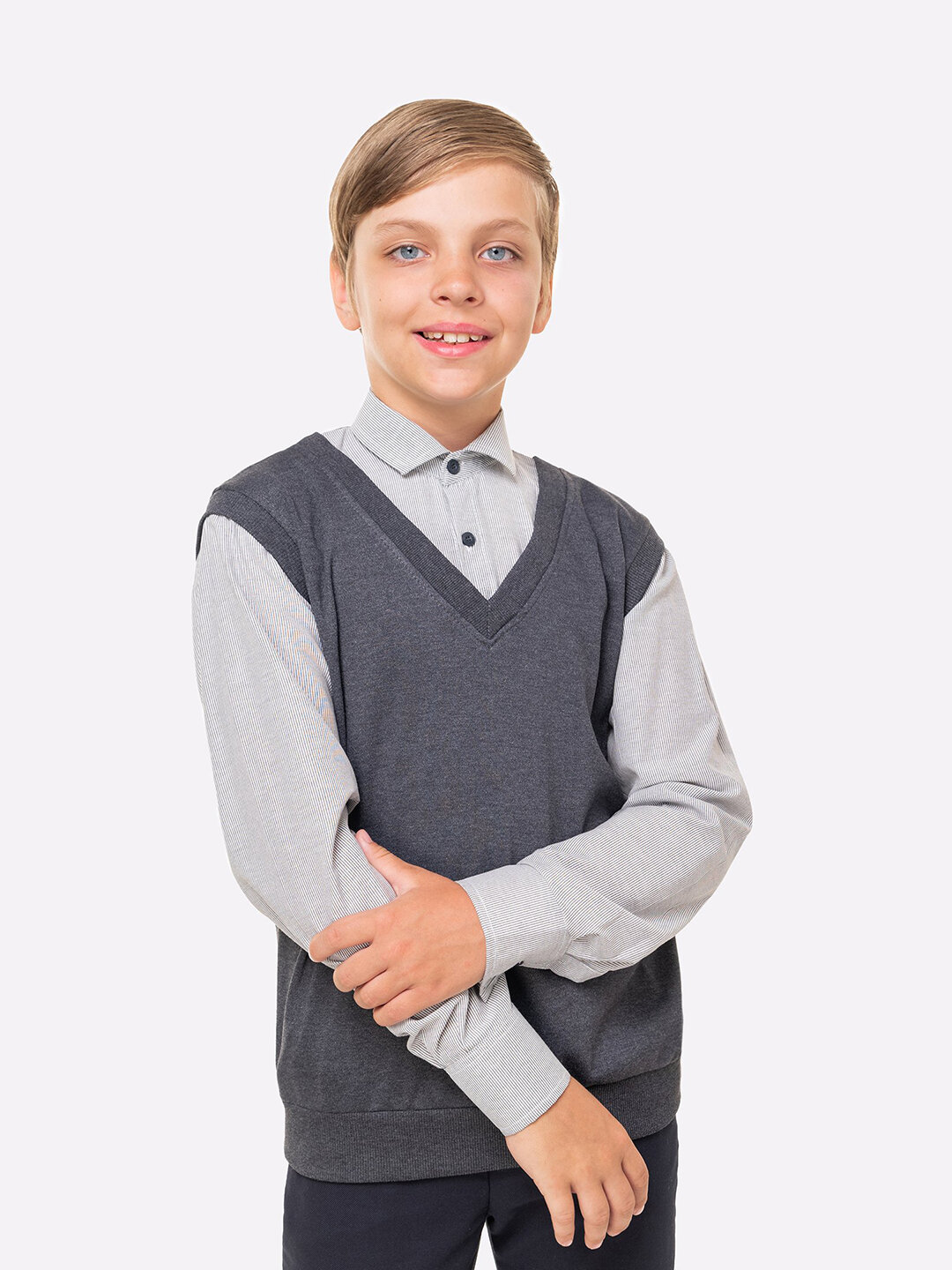 Рубашка обманка с жилеткой школьная для мальчика подростка HappyFox HF1011MBL размер 128 цвет т. серый
