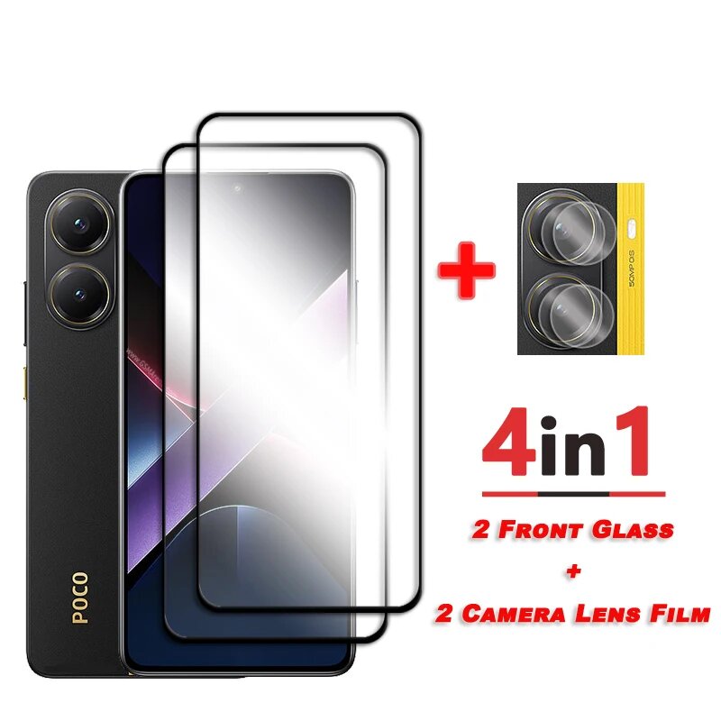 Закаленное стекло 4-в-1 для Xiaomi Poco X7 Pro, защитная пленка для экрана Poco X7 Pro, защитная пленка с черным краем, пленка для объектива камеры, For Poco X7 Pro, Just 2 Front Glass