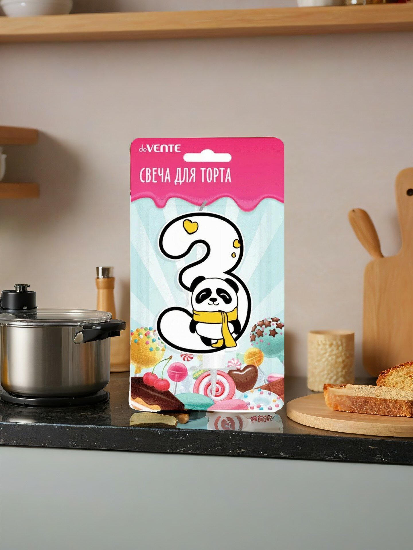 Свеча-цифра для торта "deVENTE. Панда" 3, размер свечки 9,1x6,6x1 см, с рисунком