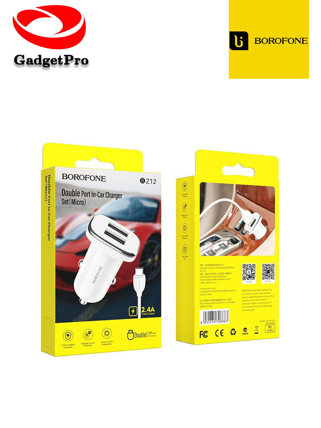 Автомобильное зарядное устройство Borofone BZ12 белого цвета с кабелем USB - Lightning (белый), быстрая зарядка