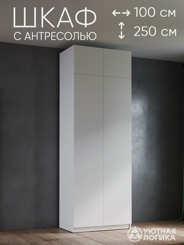 Изображение товара Шкаф для одежды распашной 100*250*50 см, Белый со штангой и полкой