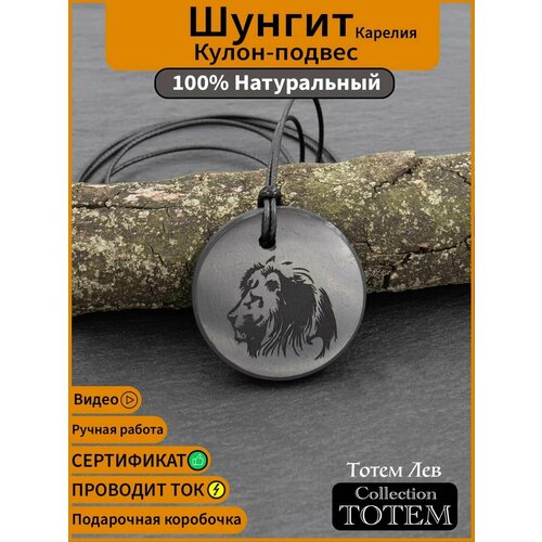 Кулон на шею из натурального Карельского Шунгита круглый с гравировкой Тотем Лев MARKSTONE