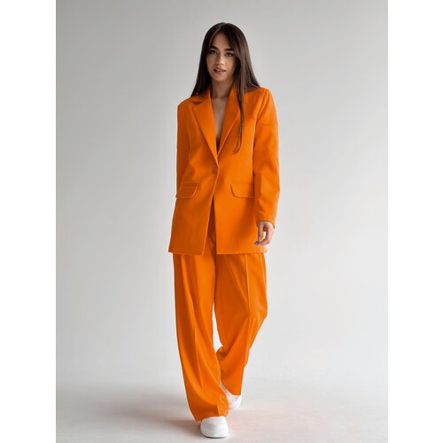 фото Костюм, жакет и брюки, классический стиль, прямой силуэт, пояс на резинке, размер 48, оранжевый matreshka