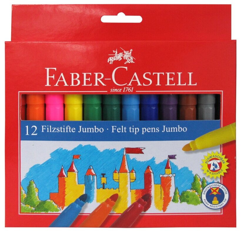 Фломастеры Faber-Castell "Замок" "Jumbo", 12цв., утолщенные, смываемые, картон, европодвес